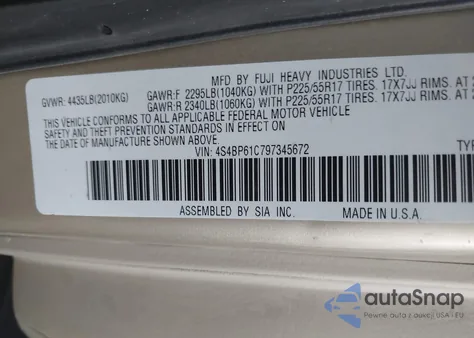 2009 Subaru Outback 2.5I from USA, damaged, VIN 4S4BP61C797345672